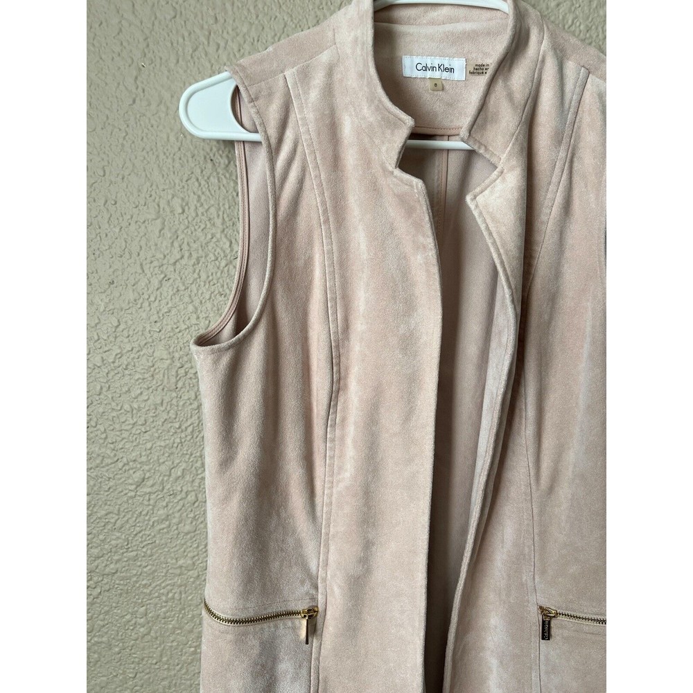 Calvin Klein Womens Faux Suede Pink Zipped Pockets Open Front Long Vest Size 8 - Picture 5 of 16